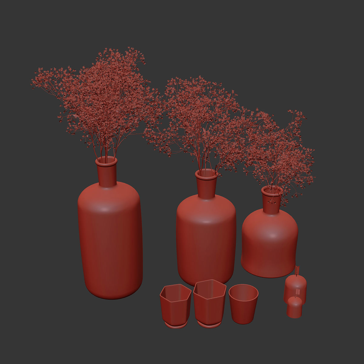 Decorative set with gypsophila flower and candles 3D model_5