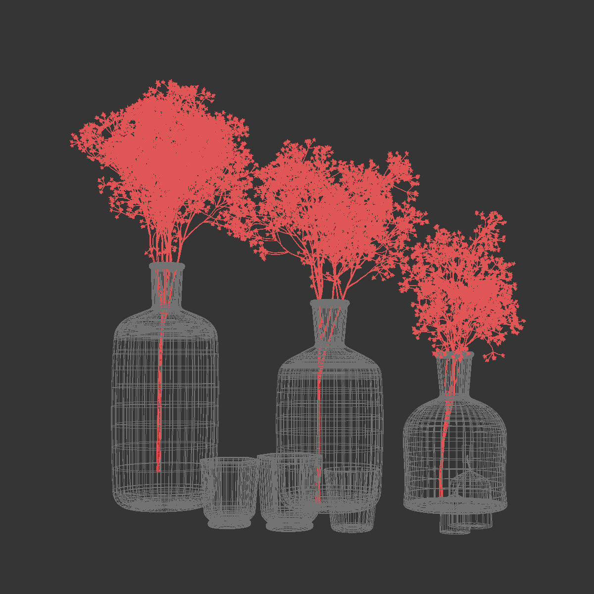 Decorative set with gypsophila flower and candles 3D model_3