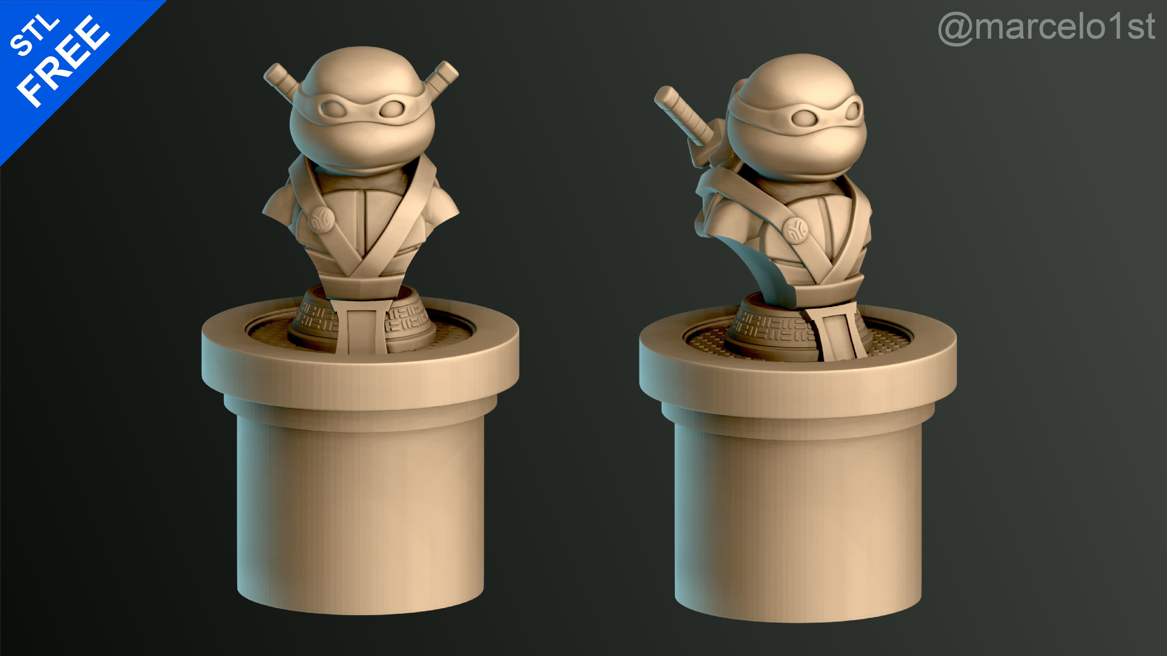 Turtle Warrior with Swords - Bust and a Container Base - FDM Free 3D print model_1