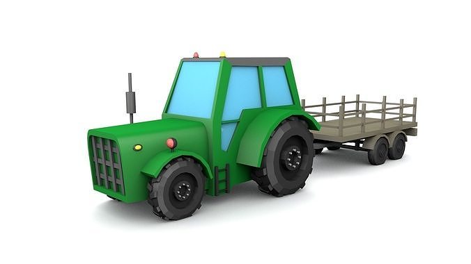 Low Poly Tractor 3D model with trailer Low-poly 3D model