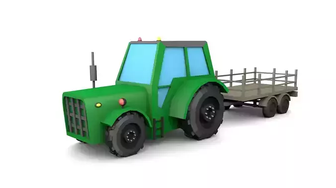 Low Poly Tractor 3D model with trailer Low-poly 3D model