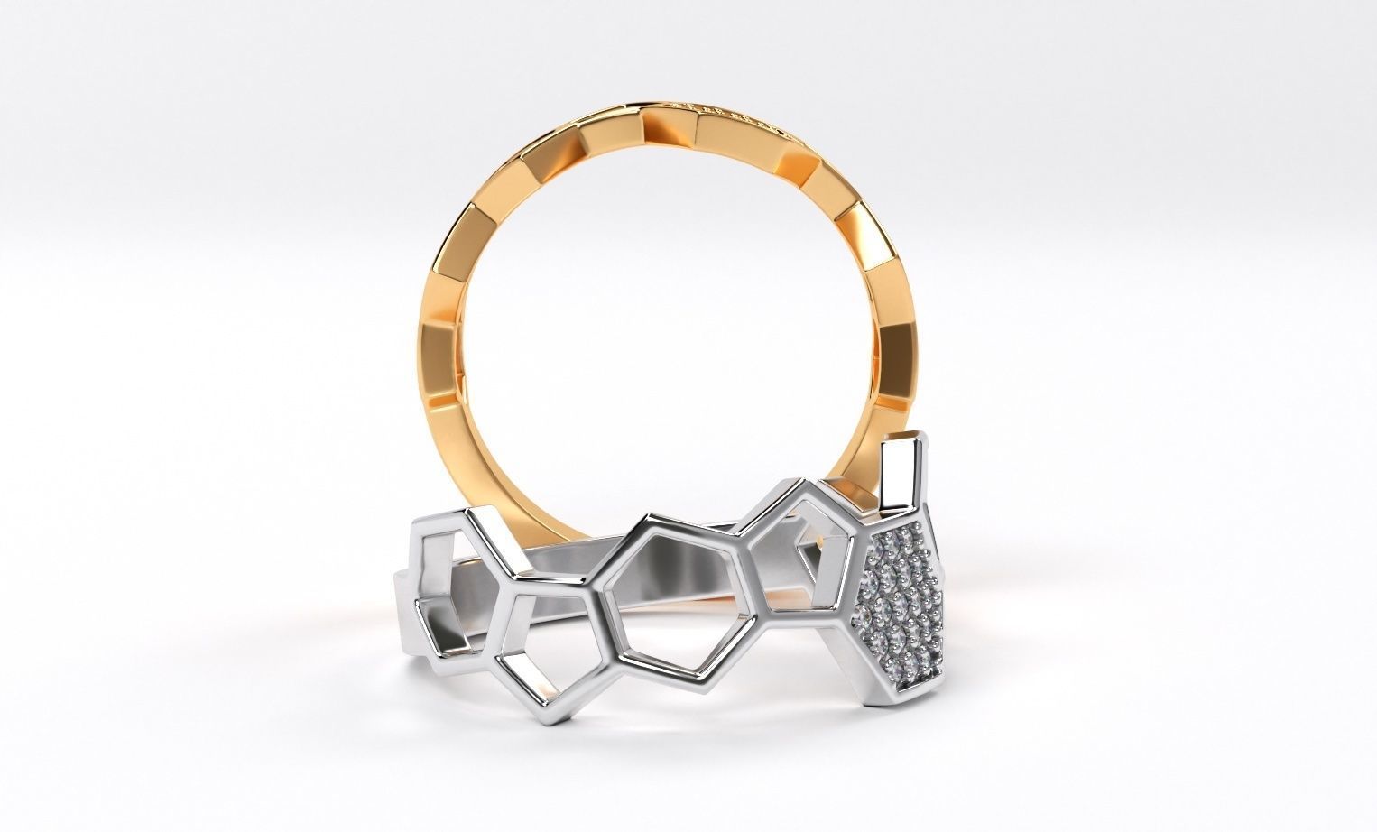 golden bee honeycomb ring with diamonds 3D print model_5