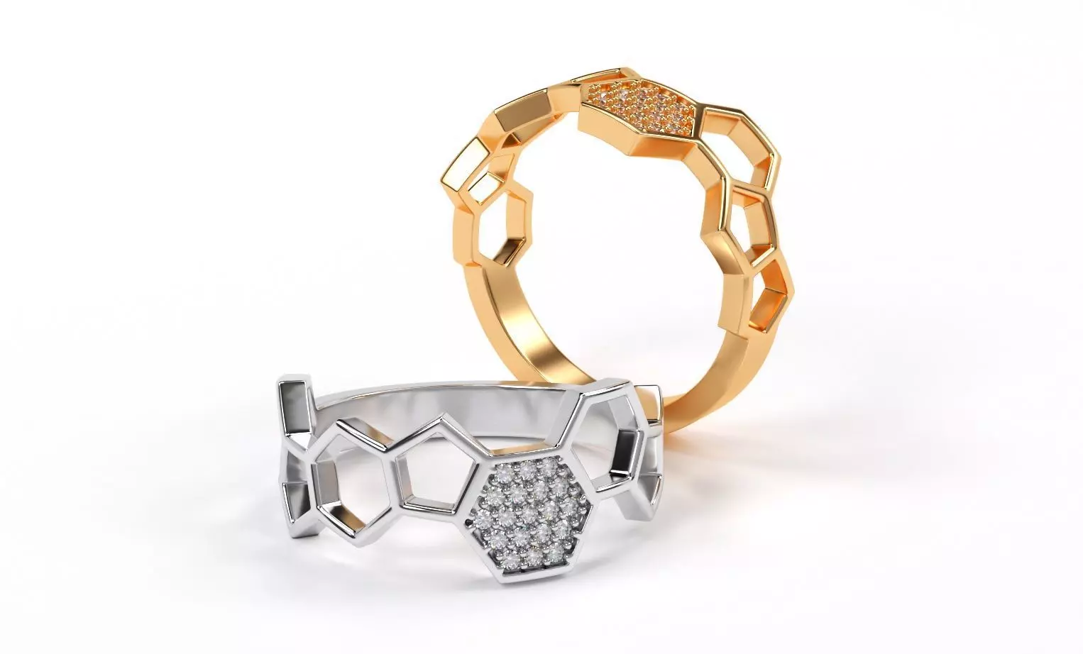 golden bee honeycomb ring with diamonds 3D print model_0
