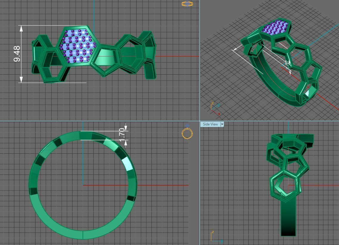 golden bee honeycomb ring with diamonds 3D print model_9