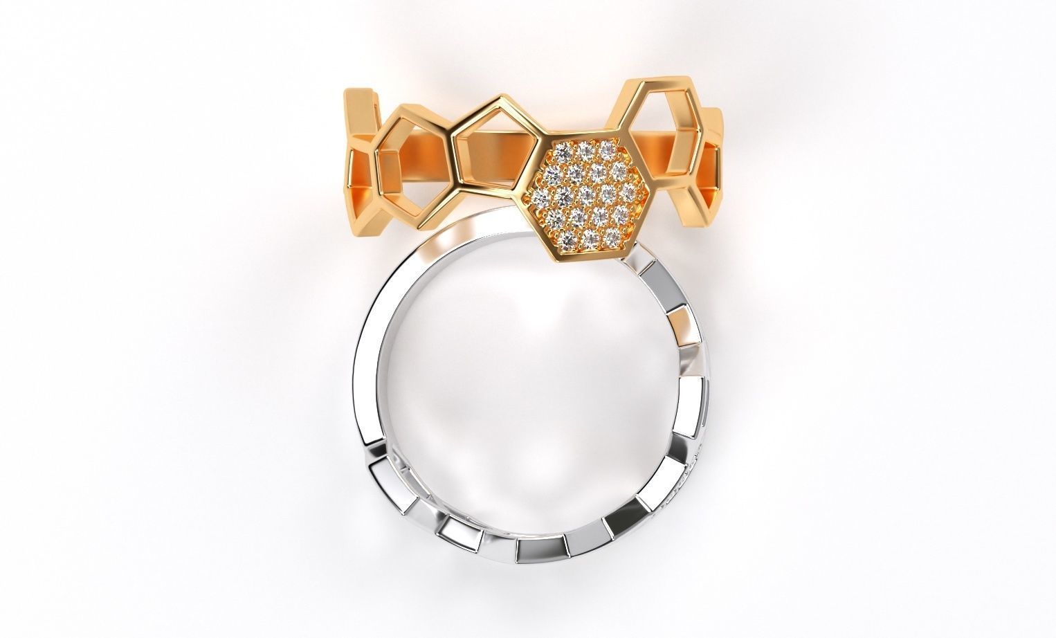 golden bee honeycomb ring with diamonds 3D print model_6