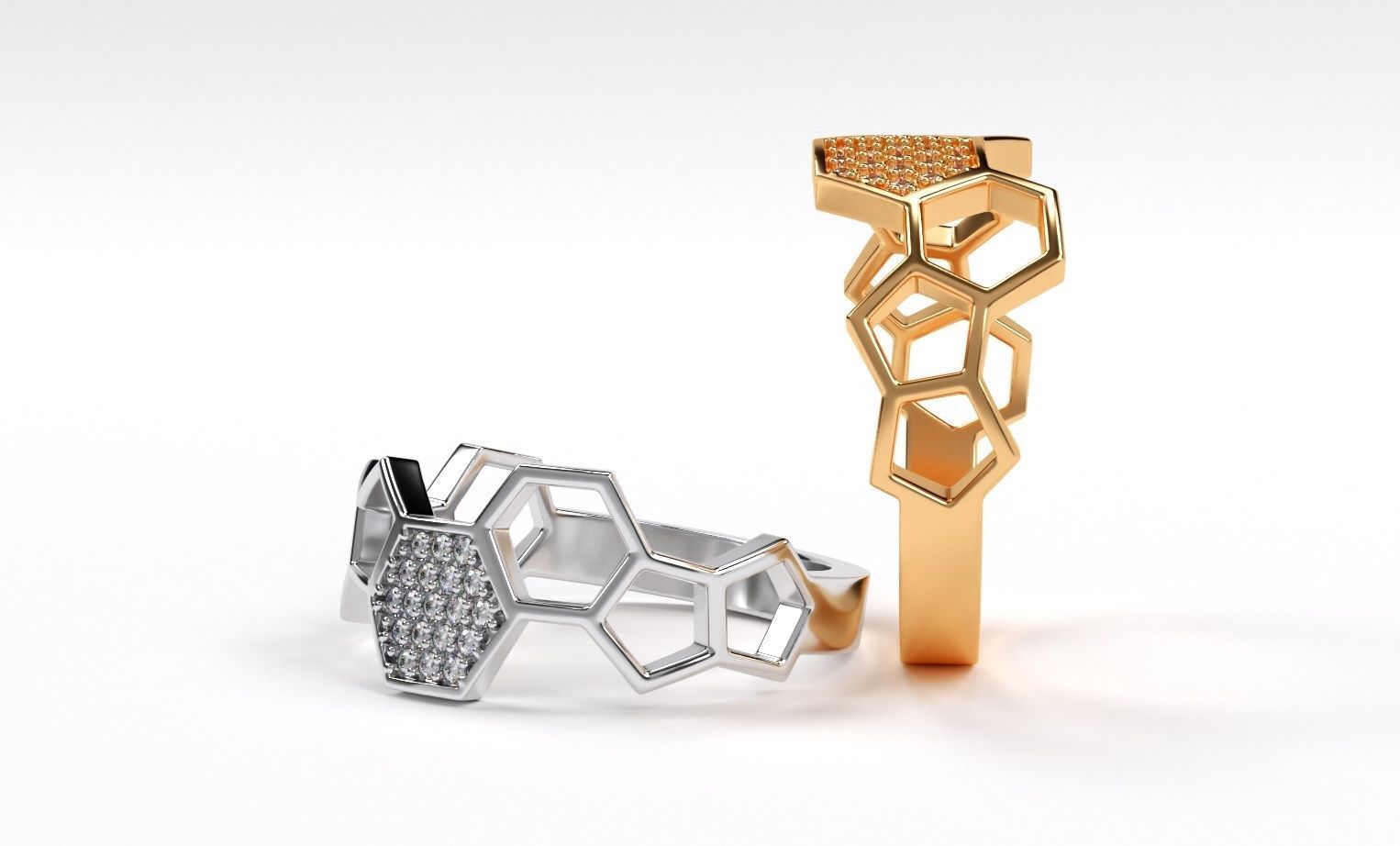 golden bee honeycomb ring with diamonds 3D print model_7