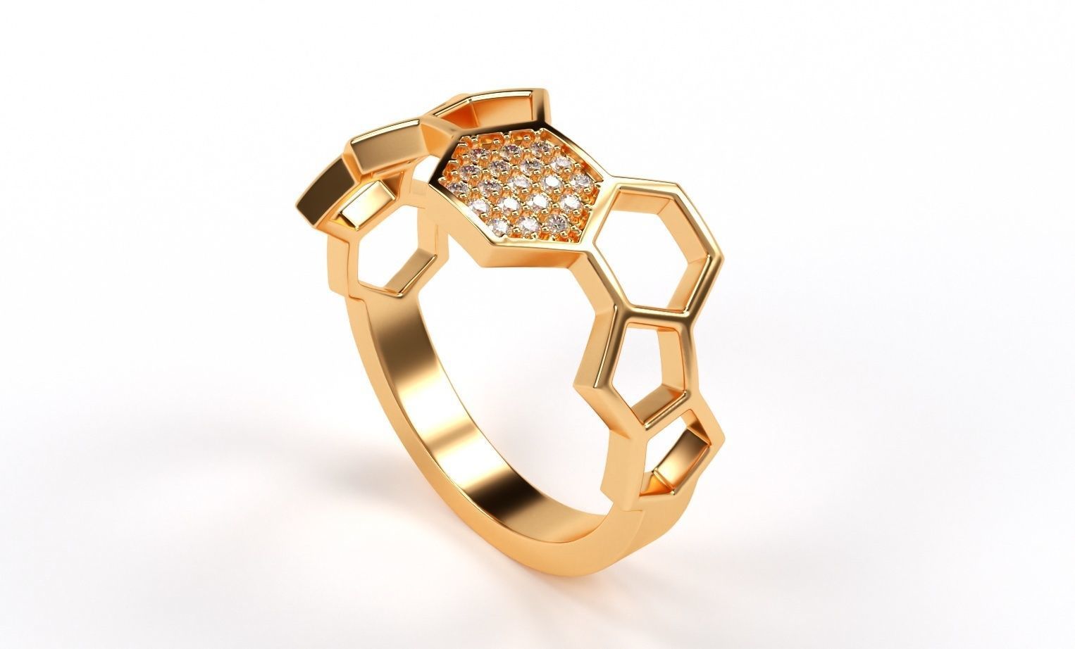 golden bee honeycomb ring with diamonds 3D print model_8