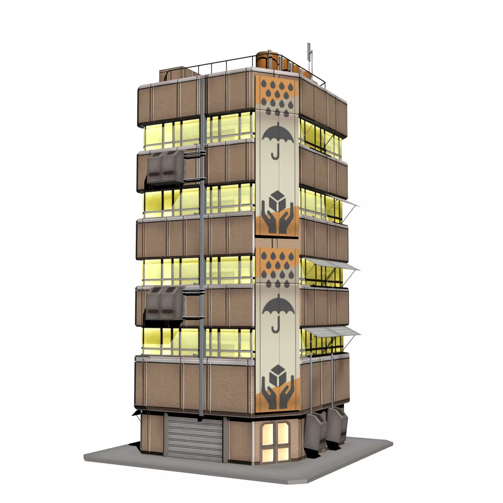 Apartment 2 building with umbrella on top Low-poly 3D model_0