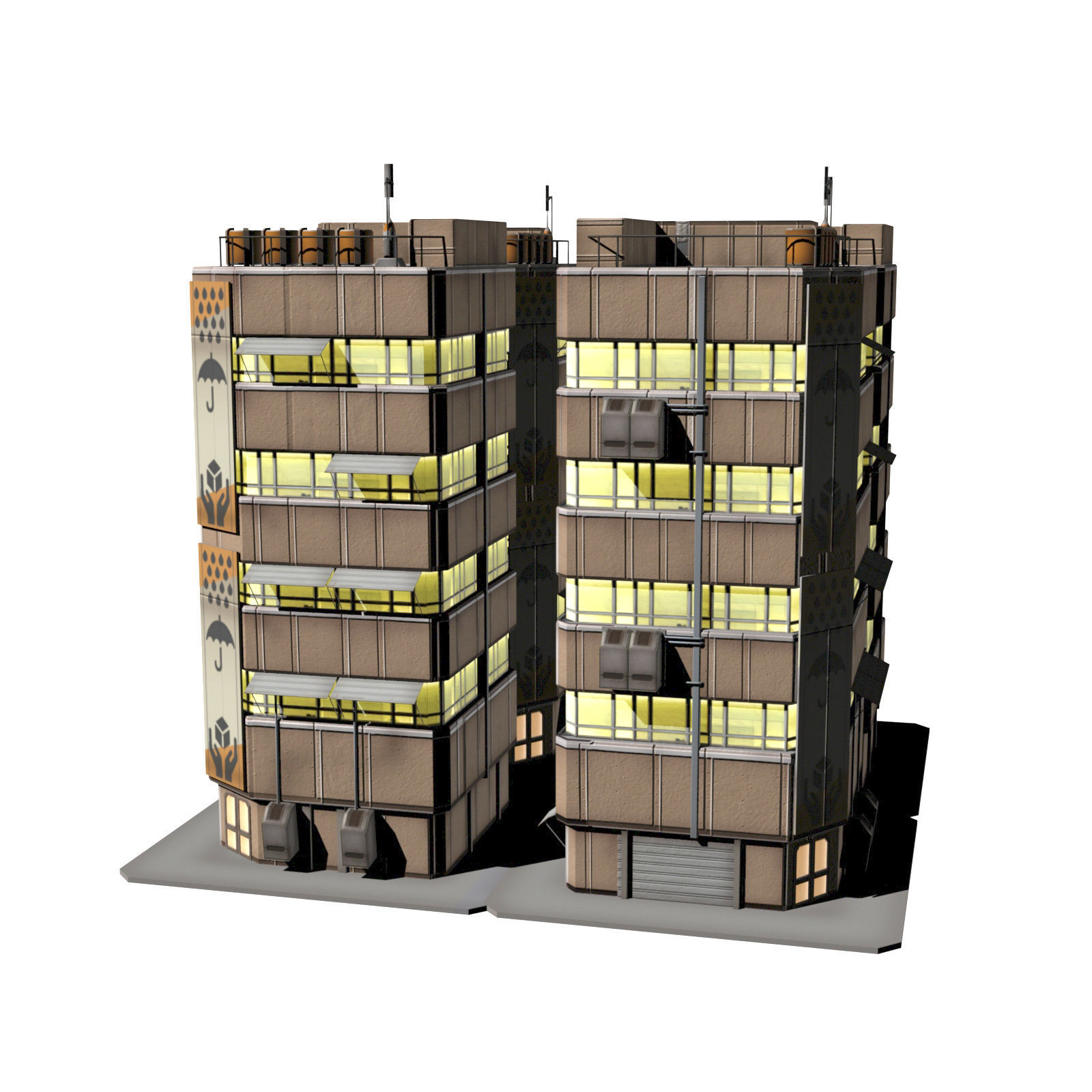 Apartment 2 building with umbrella on top Low-poly 3D model_8