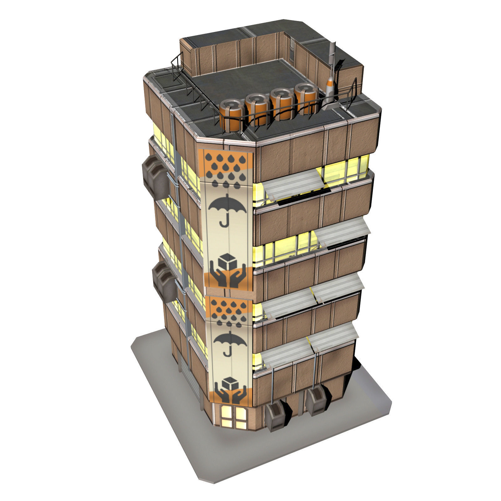 Apartment 2 building with umbrella on top Low-poly 3D model_4