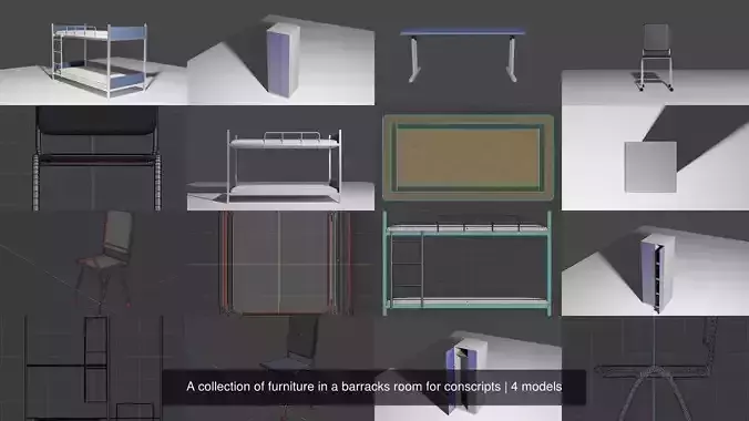 A collection of furniture in a barracks room for conscripts 