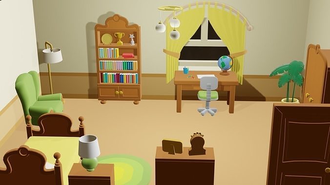 Cartoon bedroom Low-poly 3D model