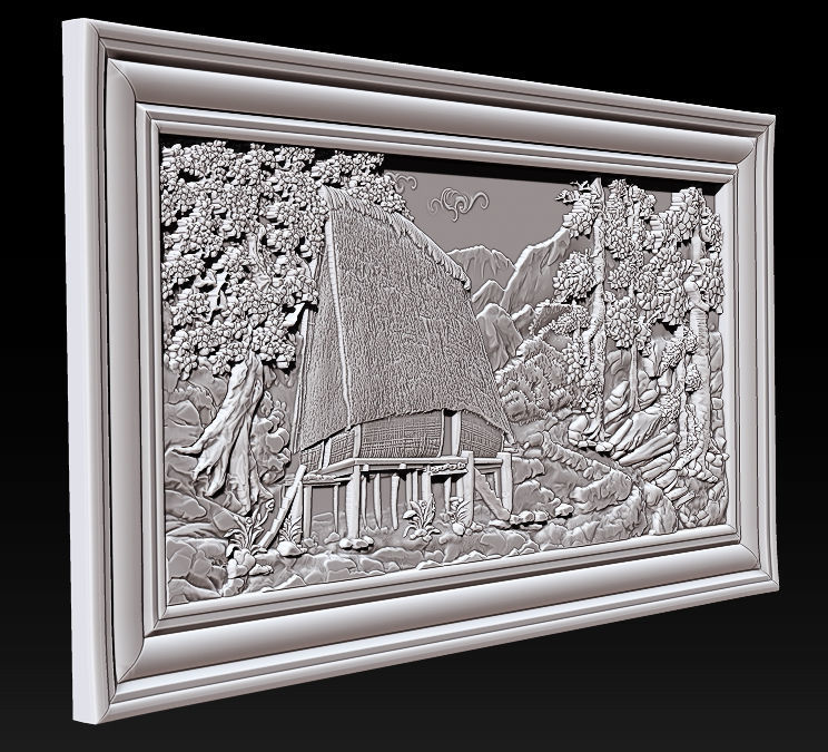 Mural landscape wood carving file stl OBJ and ZTL for CNC 3D print model_3