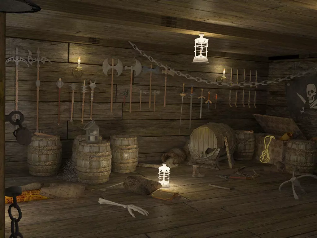 Abandoned pirate ship with weapons 3D model_0