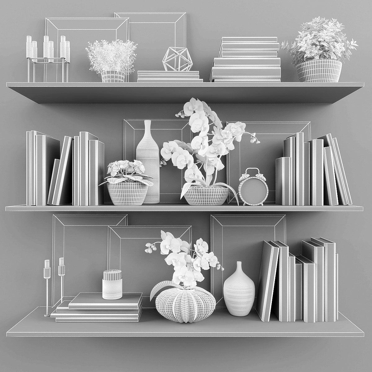 Decorative set bookshelves with flowers and plants Low-poly 3D model_2