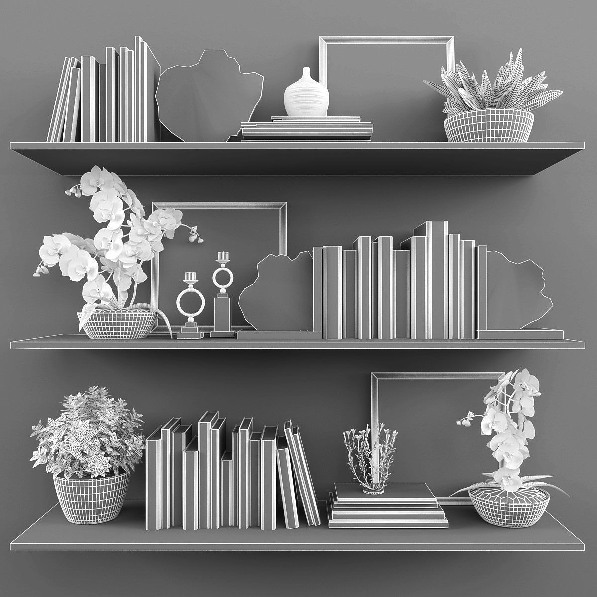 Decorative set bookshelves with plants and flowers Low-poly 3D model_2
