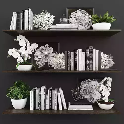 Decorative set bookshelves with plants and flowers Low-poly 3D model
