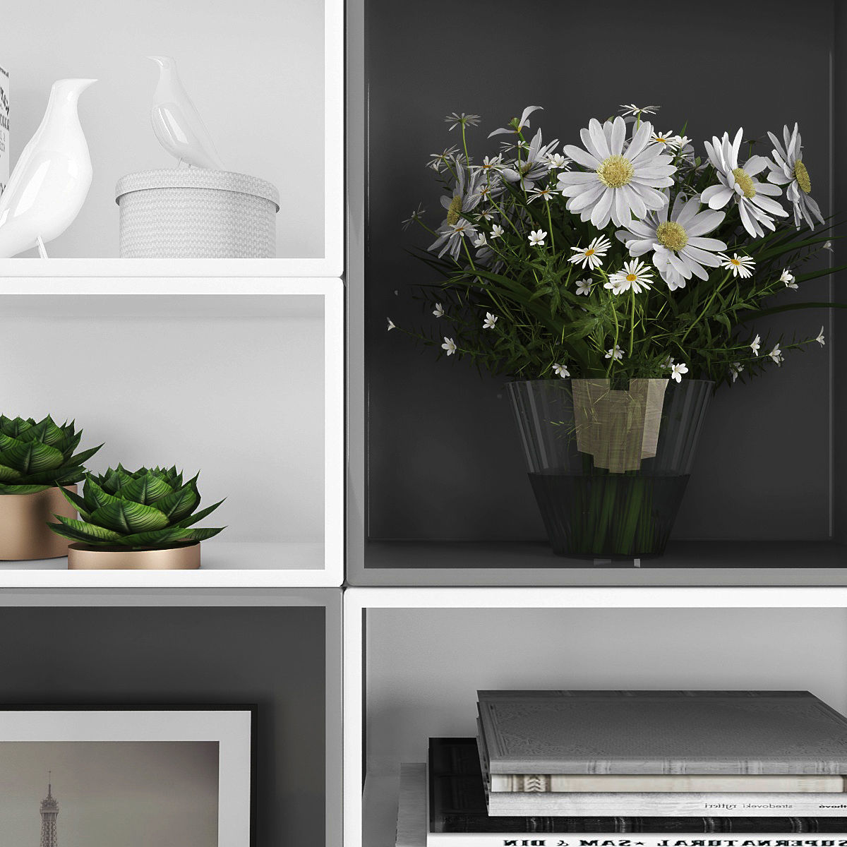 Decorative set bookcase with plants Low-poly 3D model_1