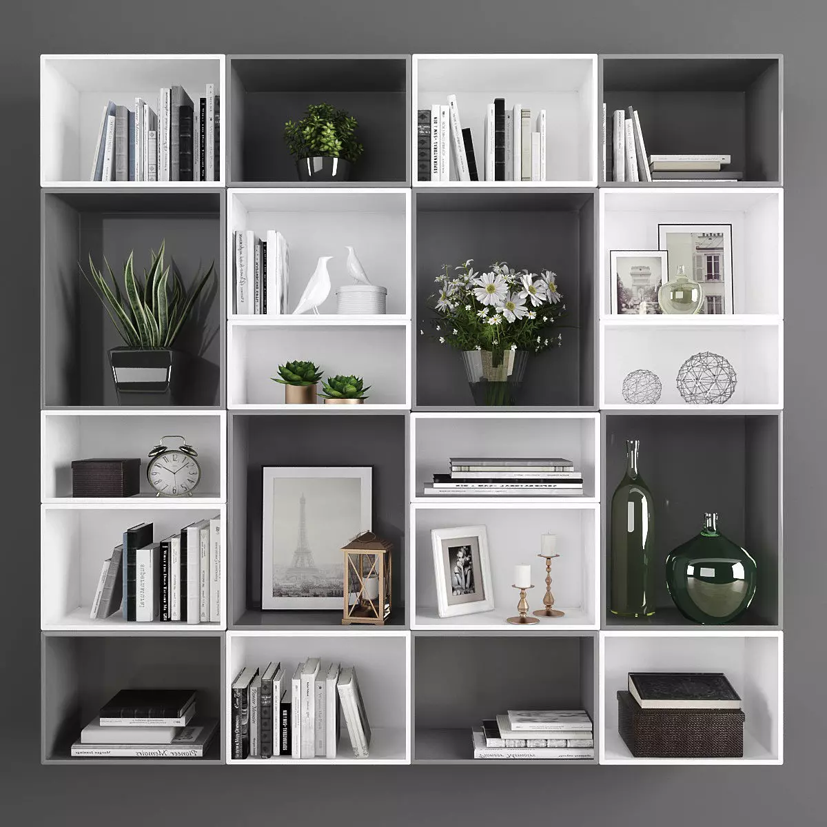 Decorative set bookcase with plants Low-poly 3D model_0