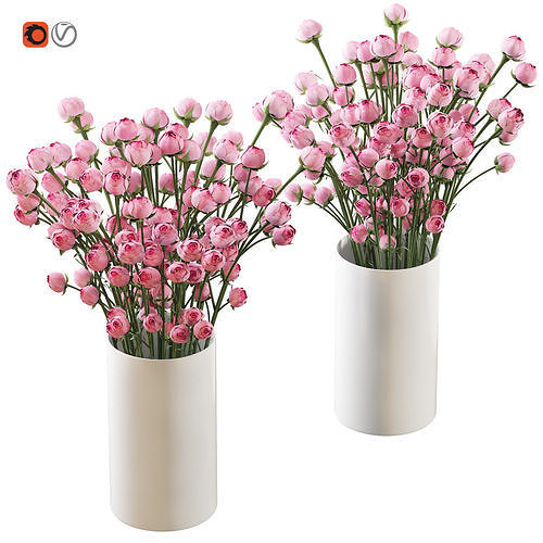 Bouquet of small pink shrub roses in a white vase 2 3D model