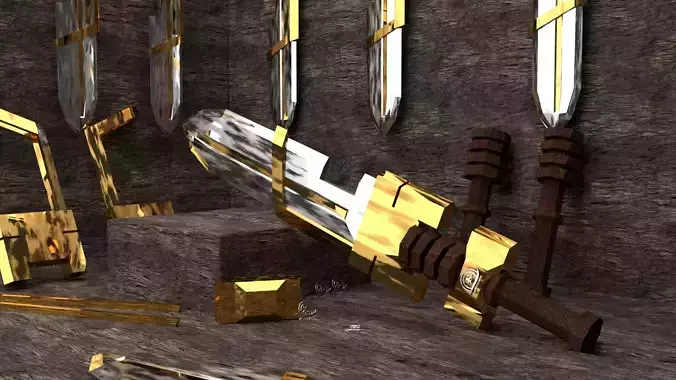 Game Ready Sword gold swords in dungeon Free low-poly 3D model