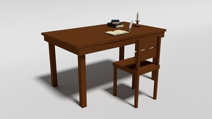 Low Poly Cartoon Old Wooden Table and Chair Low-poly 3D model