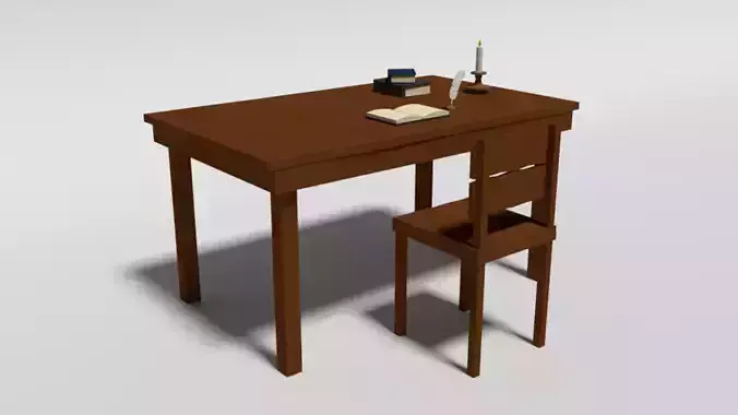 Low Poly Cartoon Old Wooden Table and Chair