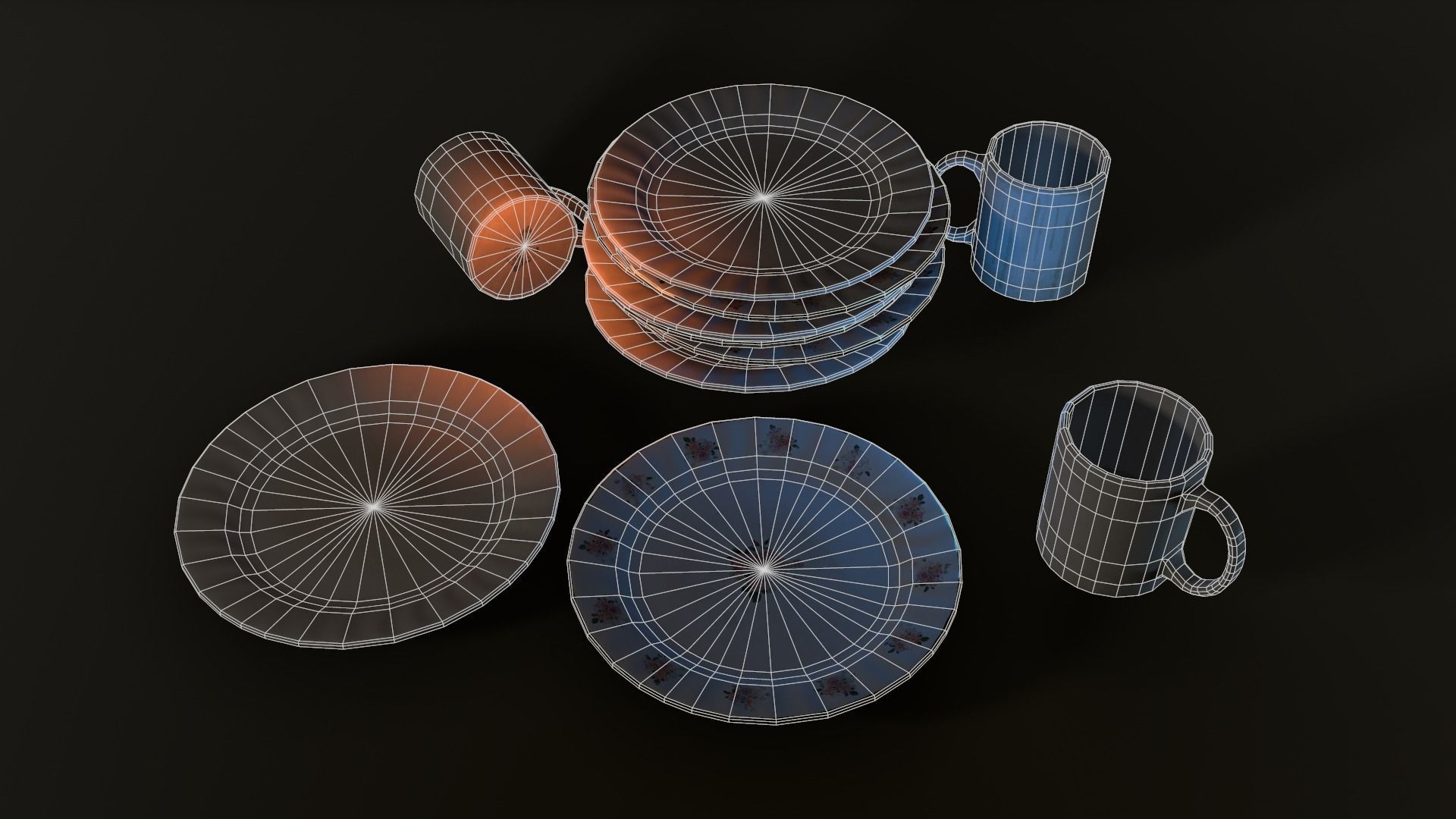 Cups and Plates Low-poly 3D model_7
