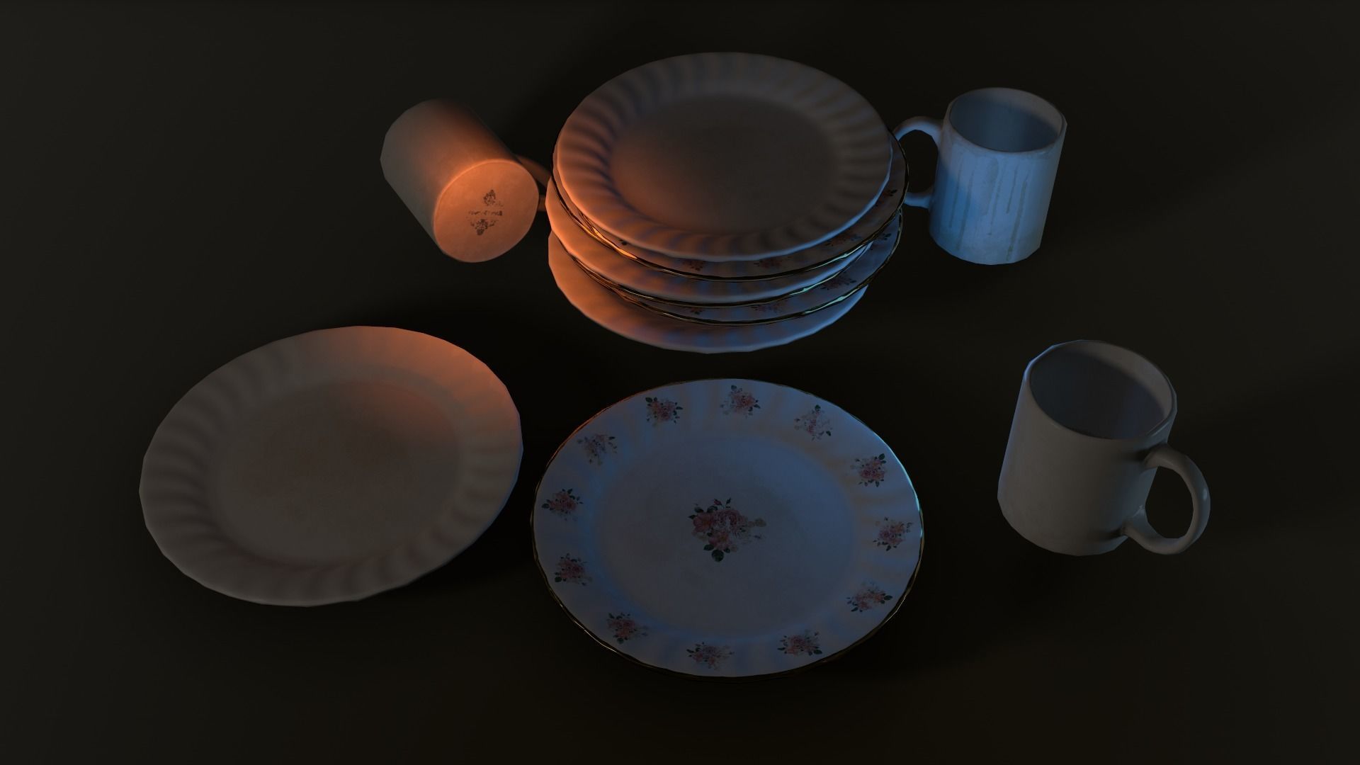 Cups and Plates Low-poly 3D model_6