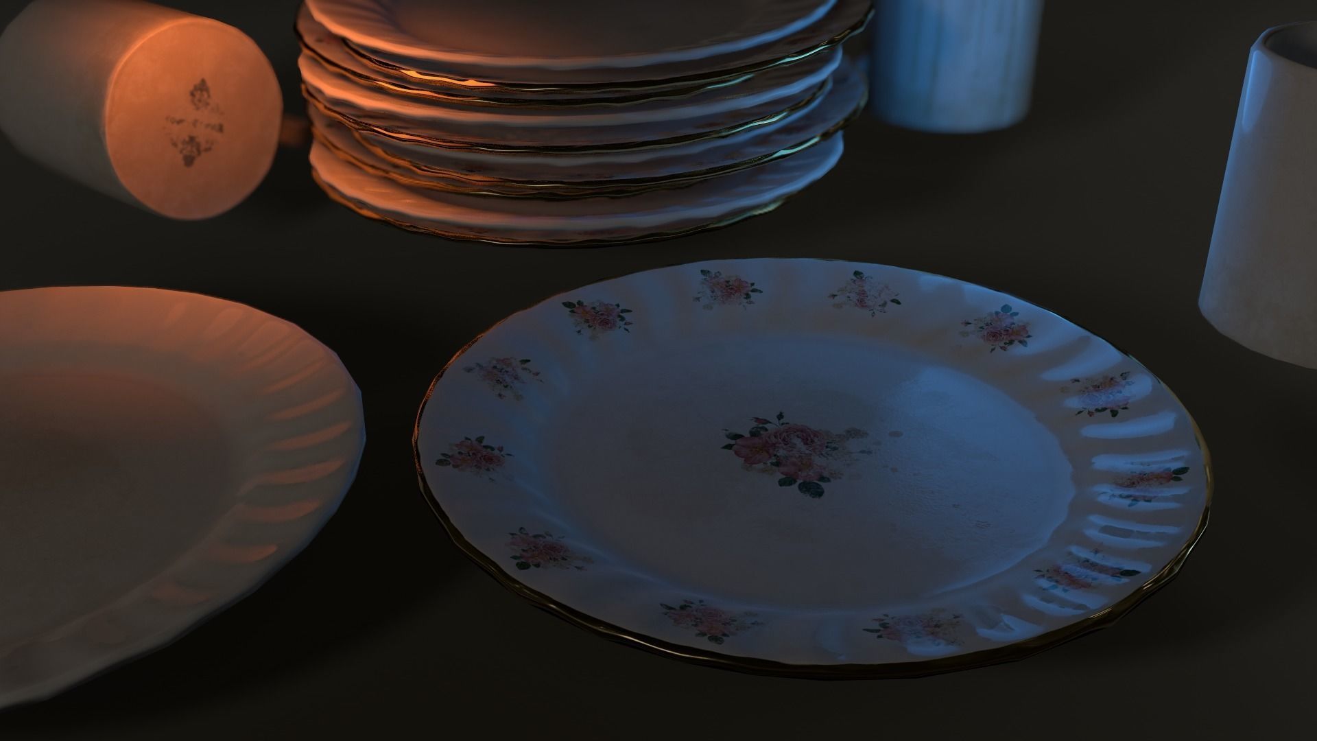 Cups and Plates Low-poly 3D model_2