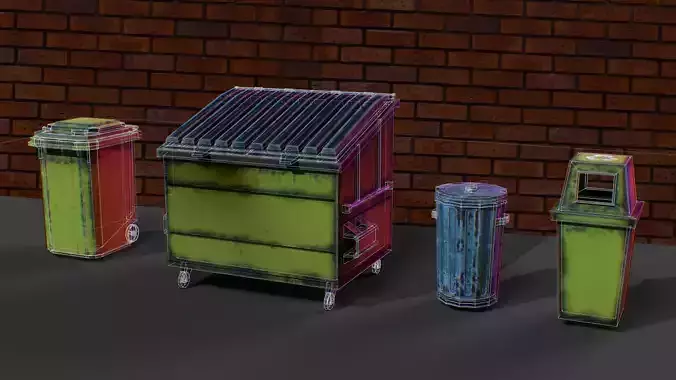 GameReady Garbage Bin Pack 4 Openable Trash Containers Low-poly 3D model
