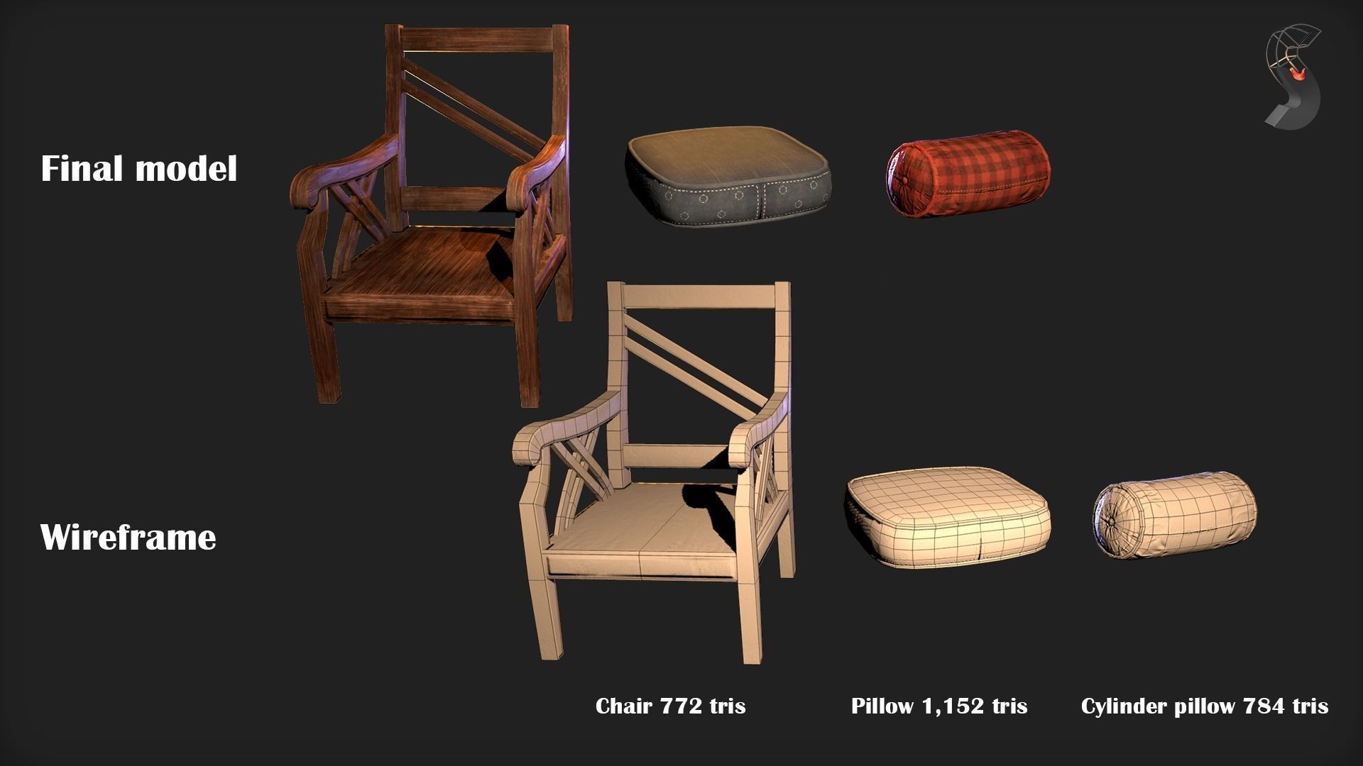 Old chair Low-poly 3D model_2