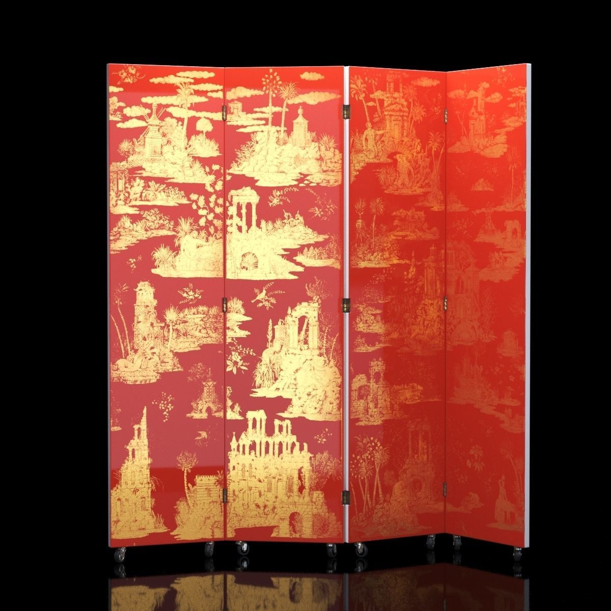 Folding Screen Gran Coromandel Red and Gold by Fornasetti Low-poly 3D model_4