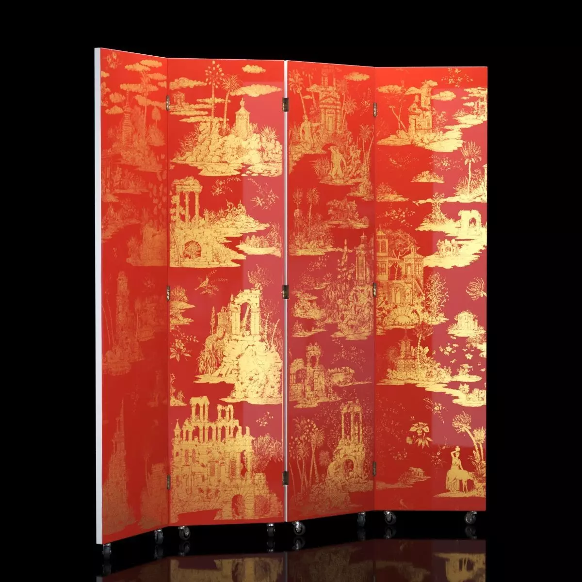 Folding Screen Gran Coromandel Red and Gold by Fornasetti Low-poly 3D model_0