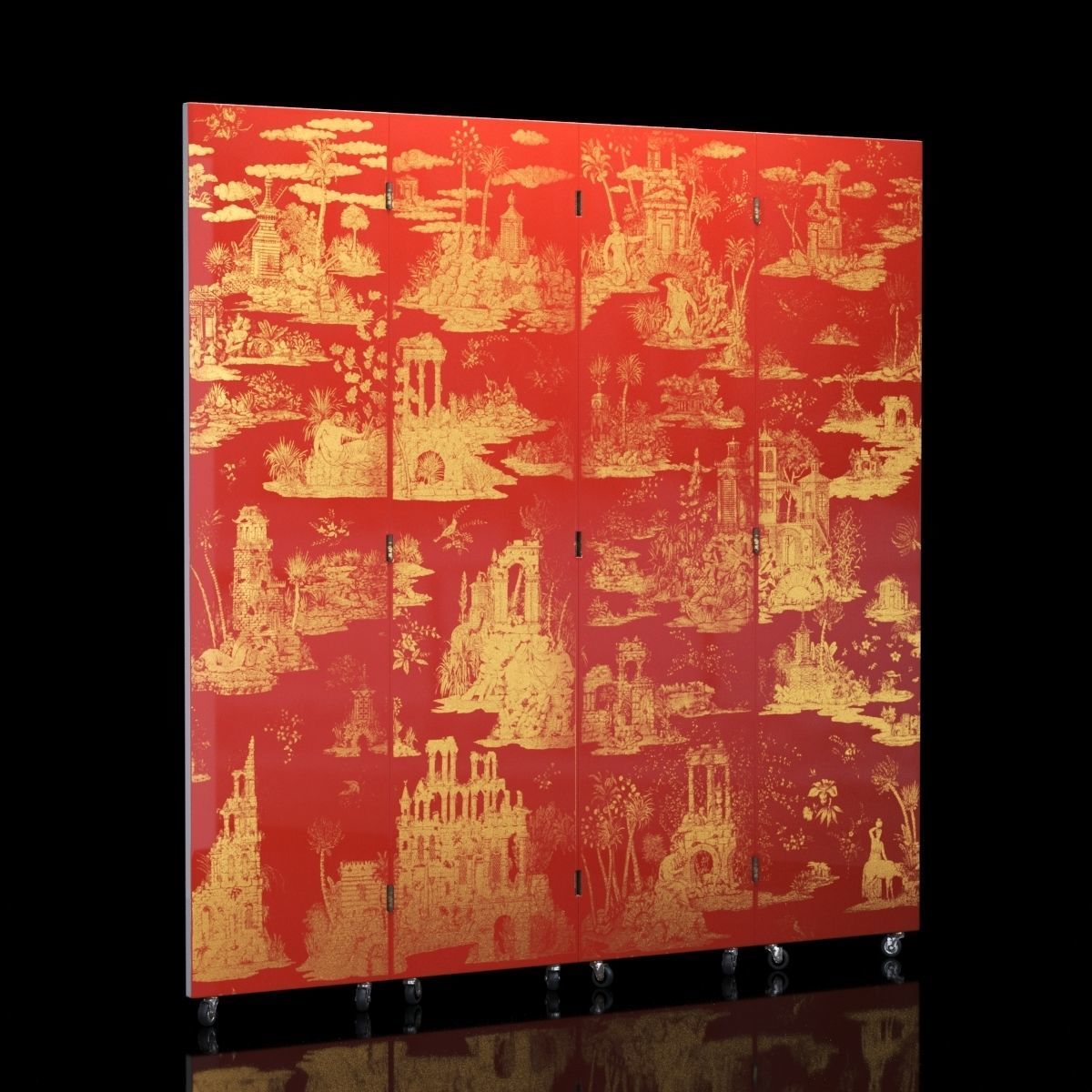 Folding Screen Gran Coromandel Red and Gold by Fornasetti Low-poly 3D model_5