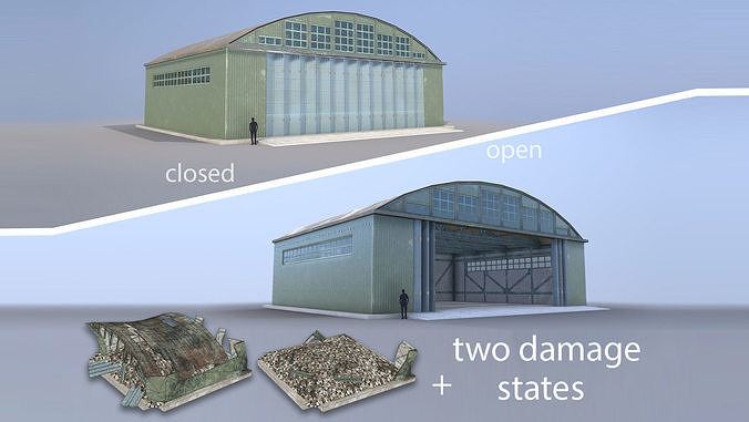 Airport Hangar SmallHangar 01 closed open with damage Low-poly 3D model