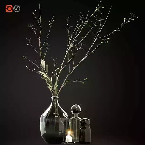 Decorative set with branches and glass bottles