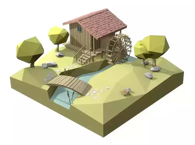 Watermill isometric landscape village low poly