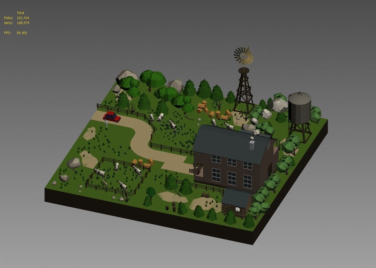 low poly farm with animals and trees 3D model_24