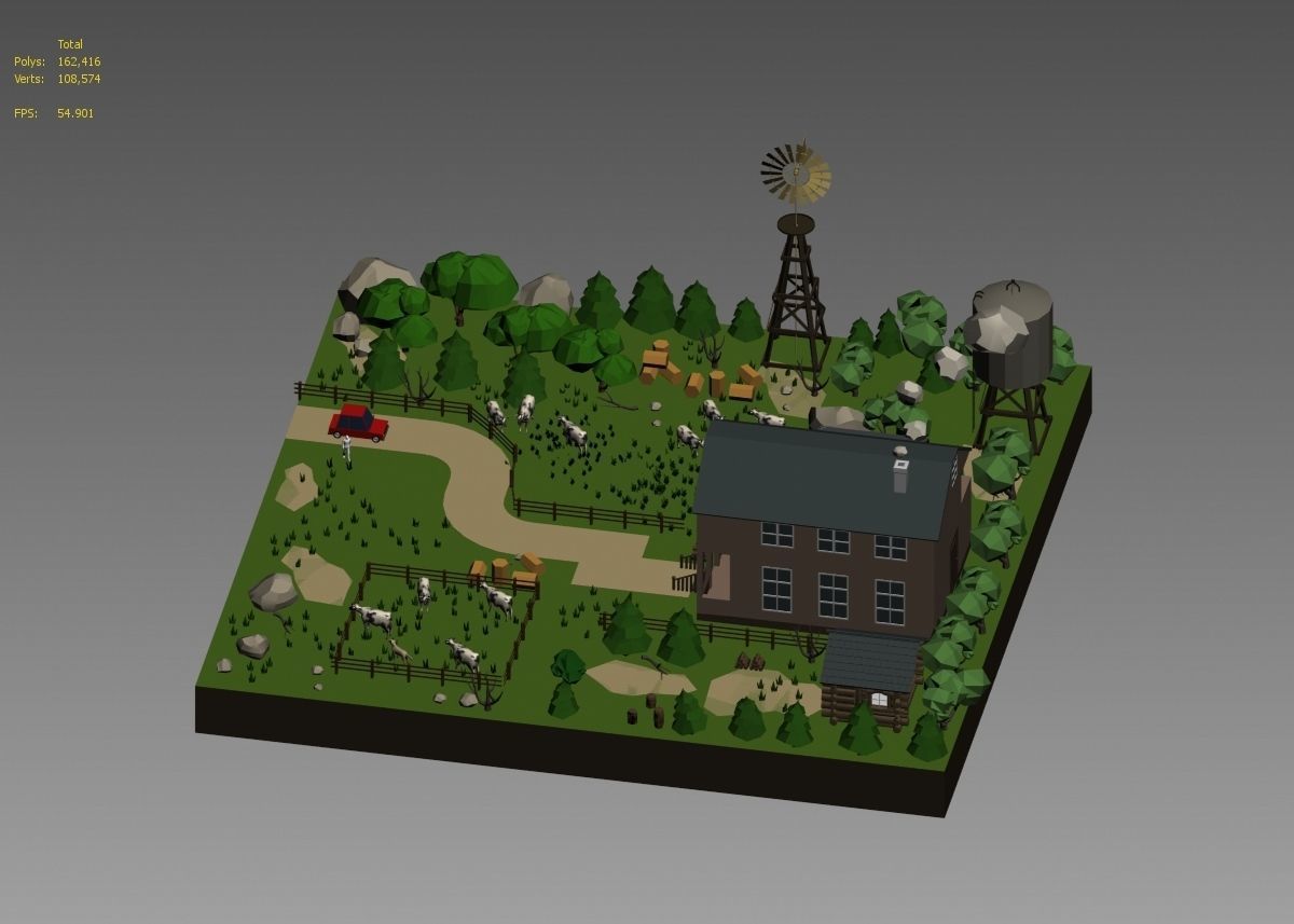 low poly farm with animals and trees 3D model_45