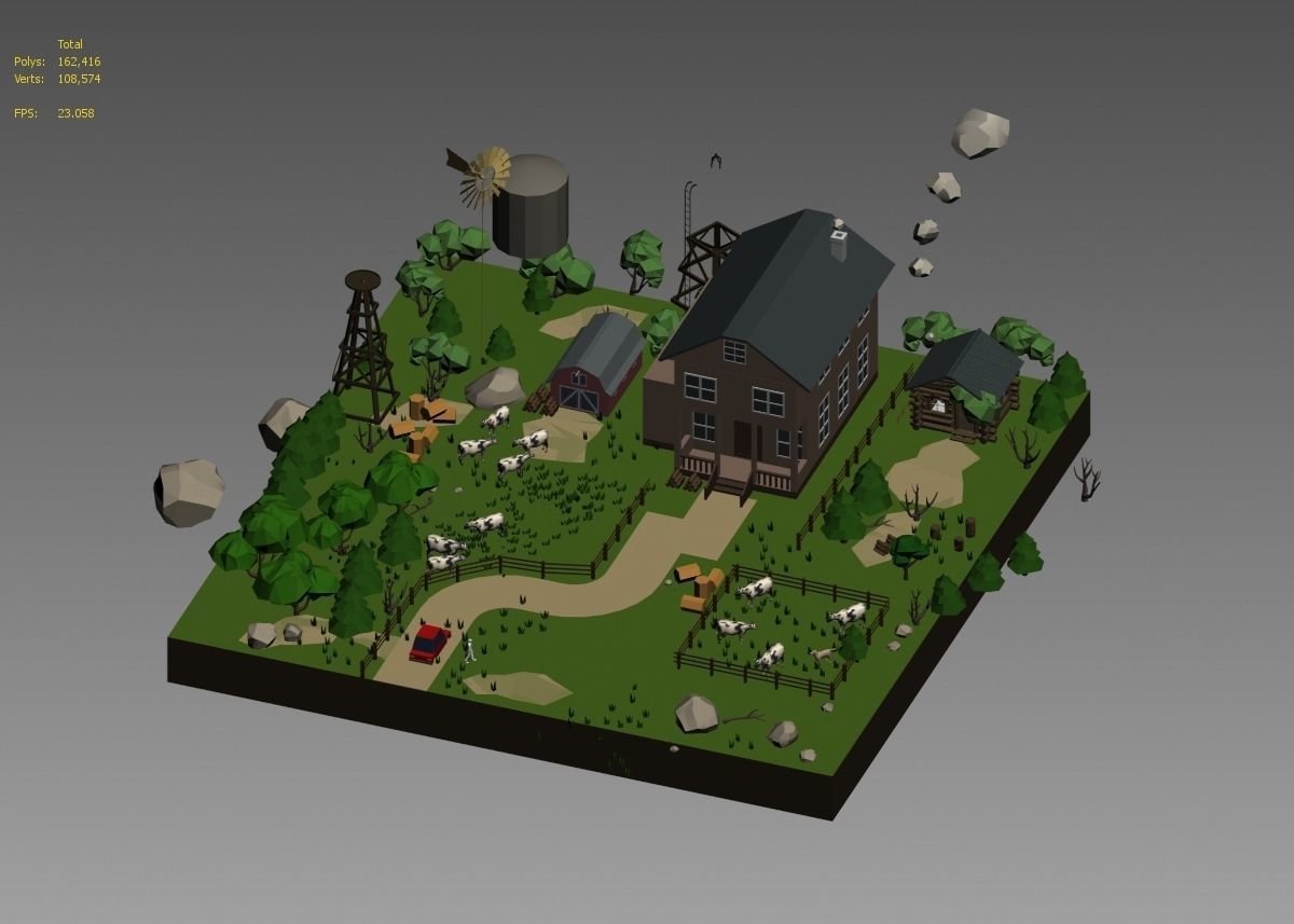 low poly farm with animals and trees 3D model_32