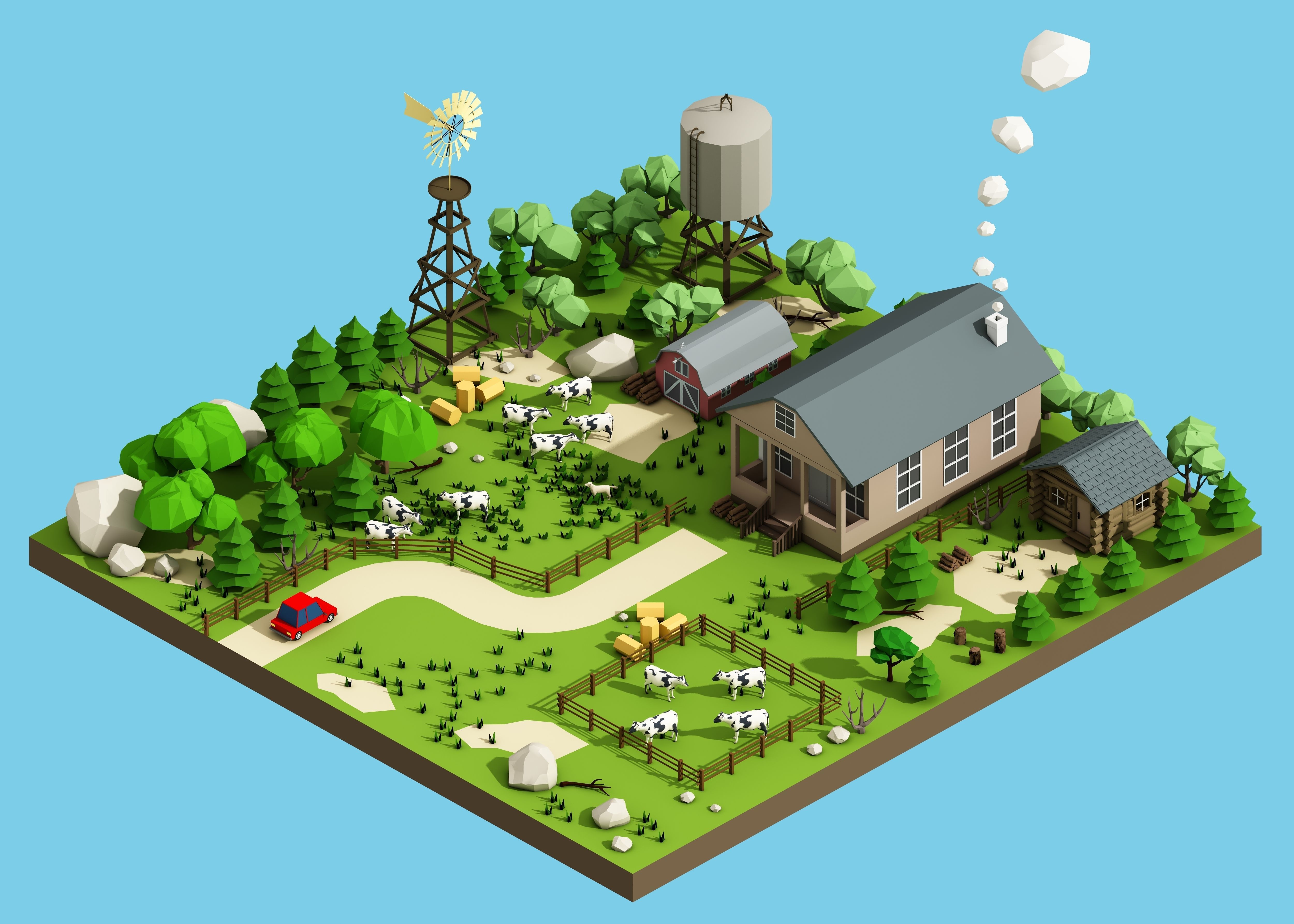 low poly farm with animals and trees 3D model_2