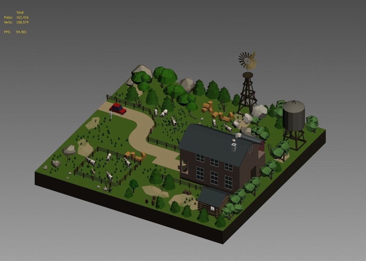 low poly farm with animals and trees 3D model_35