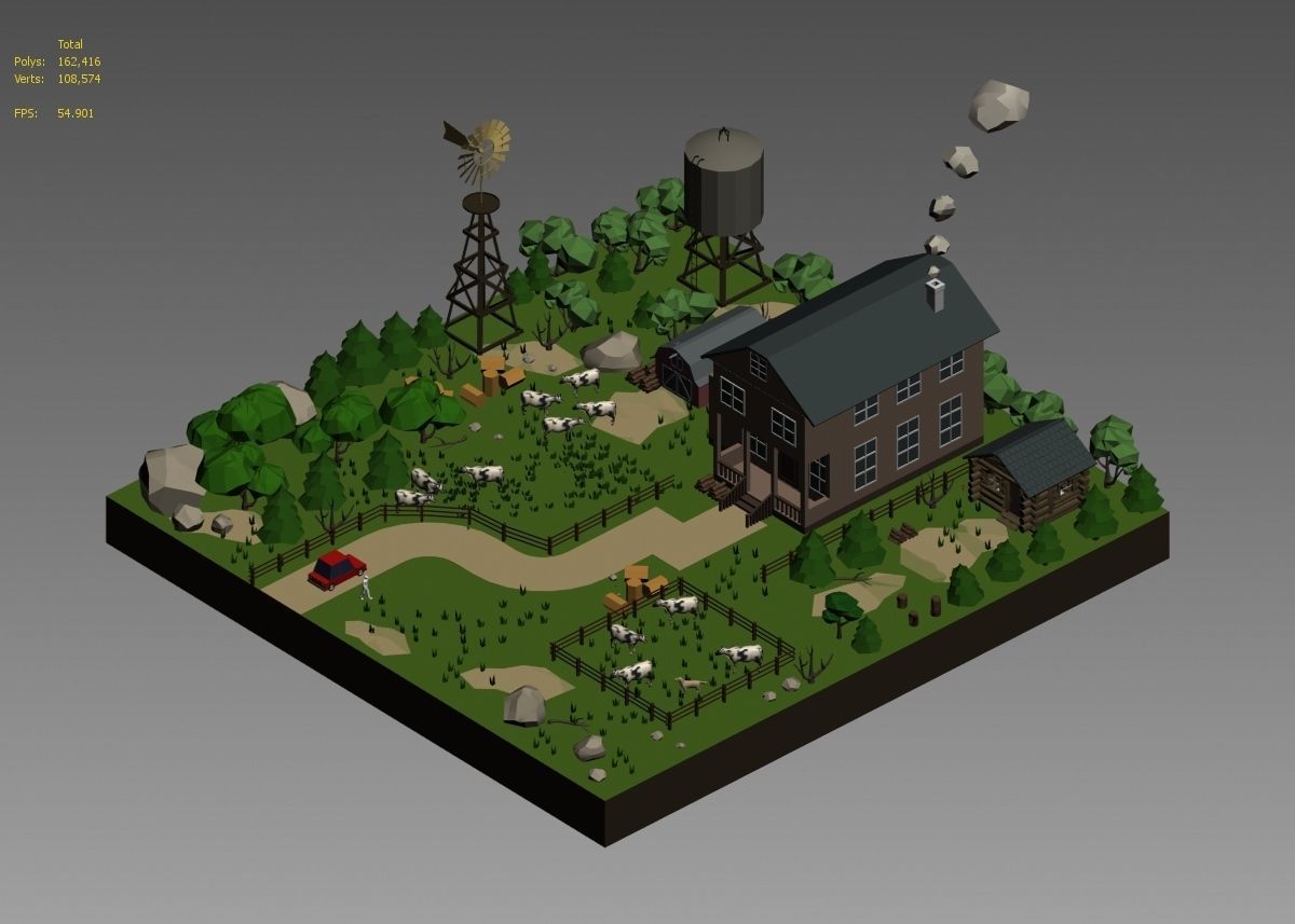 low poly farm with animals and trees 3D model_46