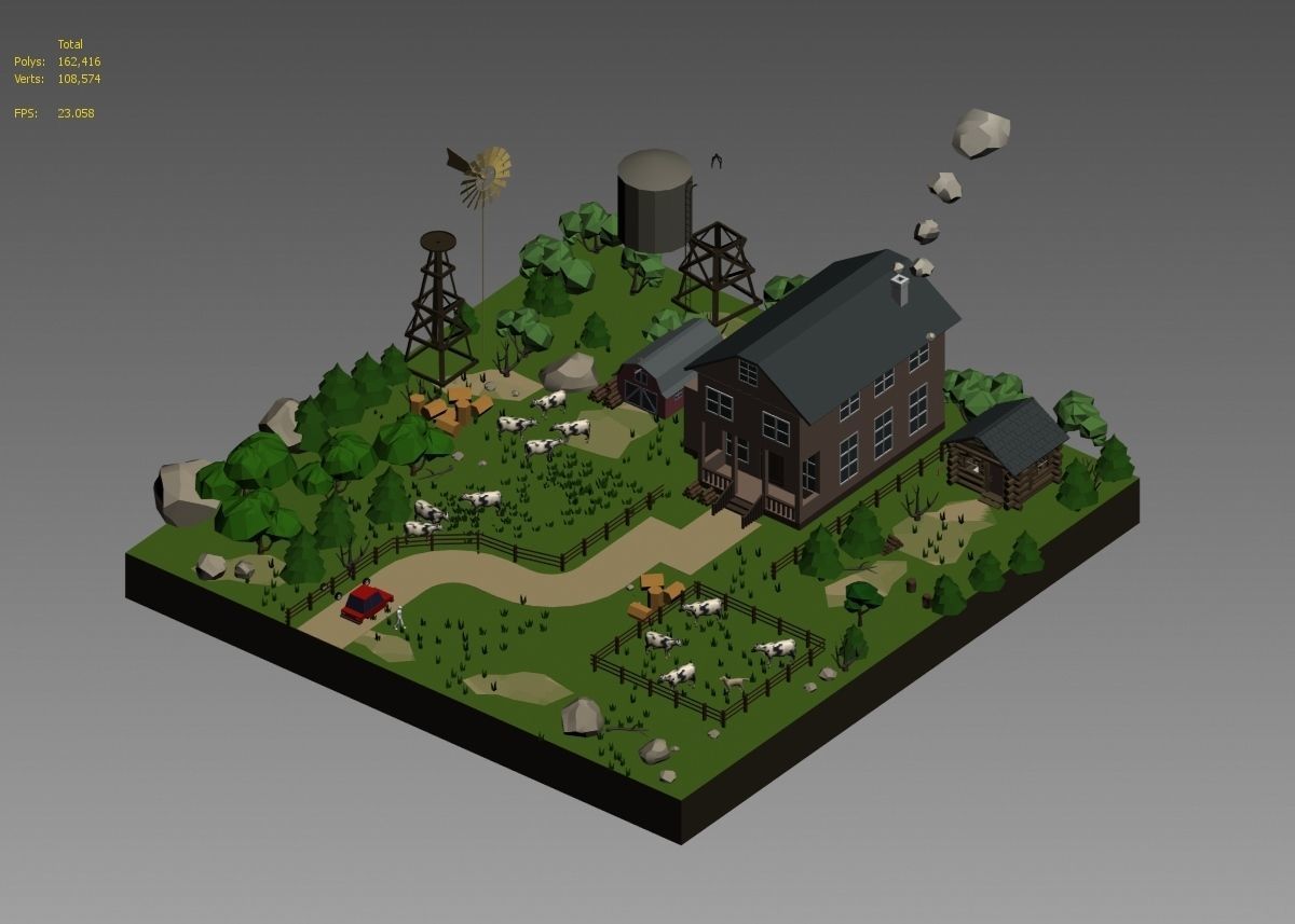 low poly farm with animals and trees 3D model_19