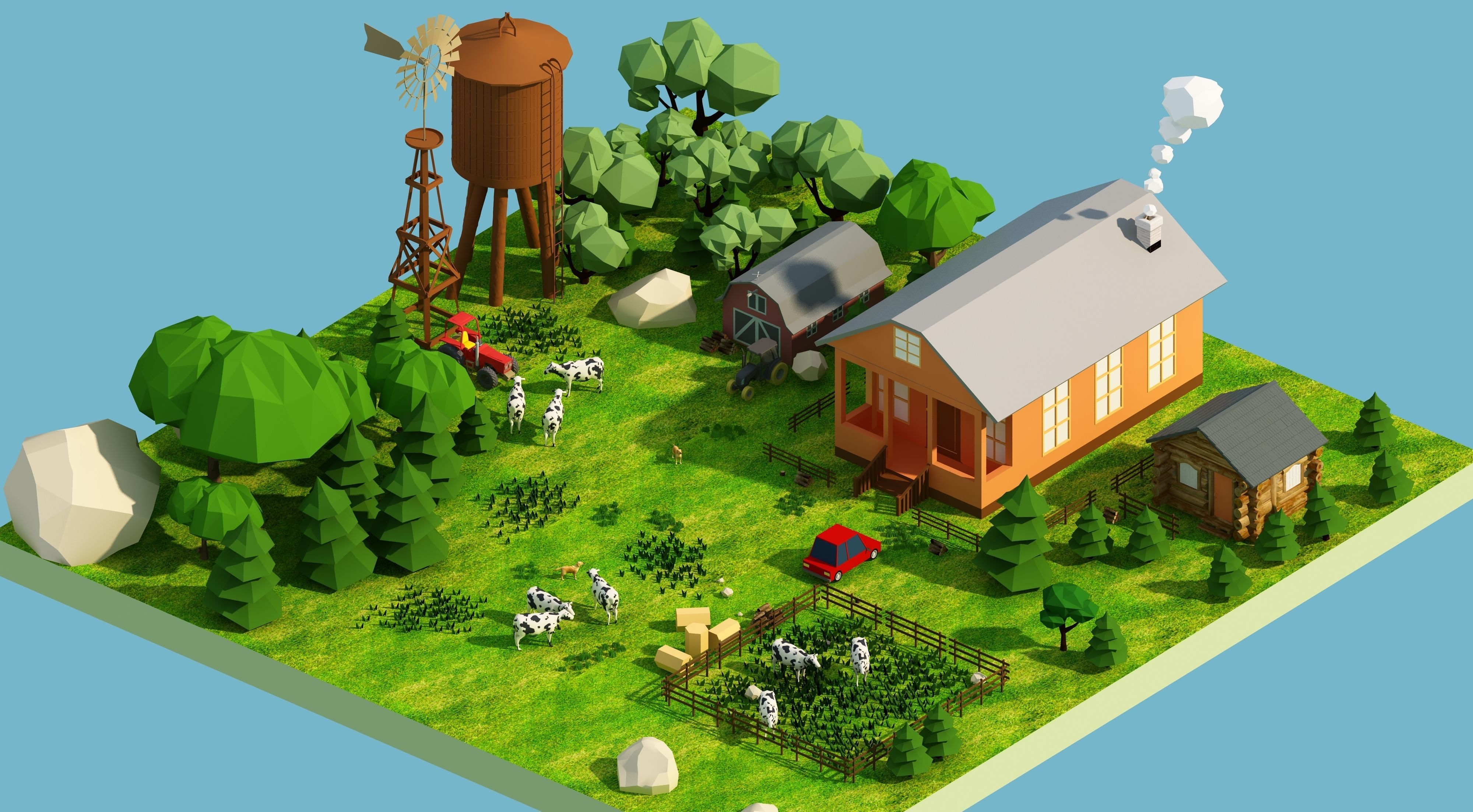 low poly farm with animals and trees 3D model_1