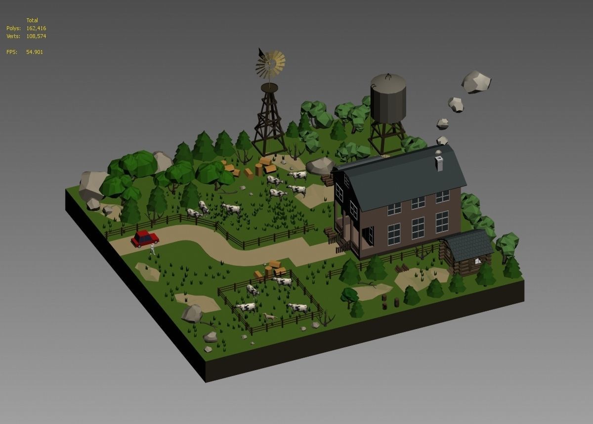low poly farm with animals and trees 3D model_42