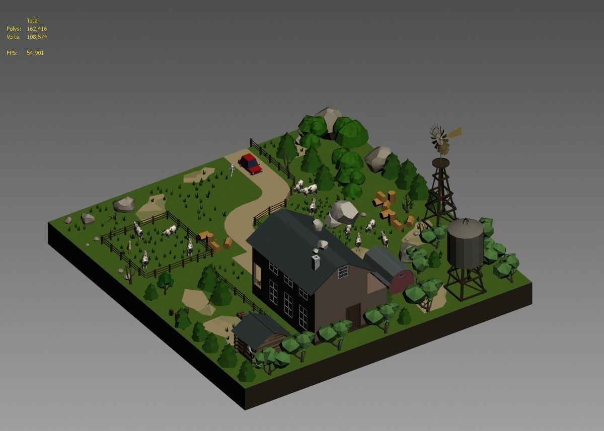 low poly farm with animals and trees 3D model_34