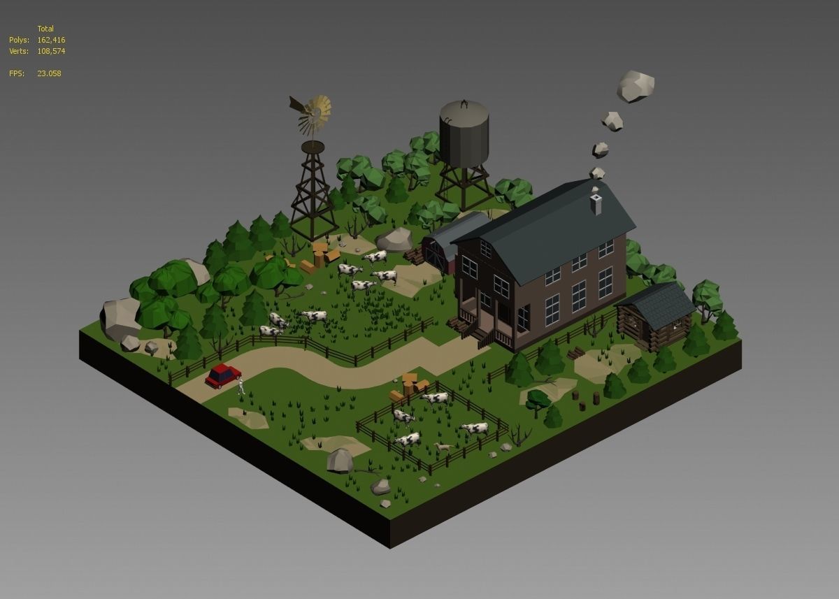 low poly farm with animals and trees 3D model_8