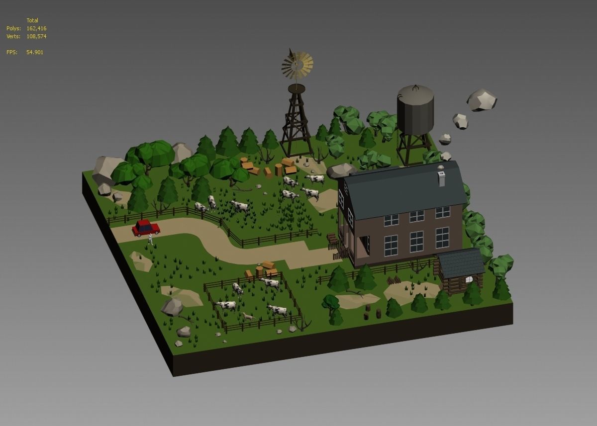 low poly farm with animals and trees 3D model_48